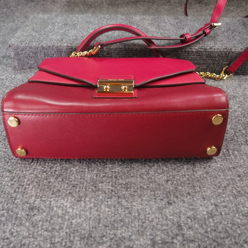 Michael Kors Sloan Satchel Red Leather Gold Tone Top Handle Crossbody Bag